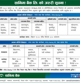 सानीमा बैंकको शाखा संचालन तथा बैंकिङ्ग कारोबार सम्बन्धी सूचना