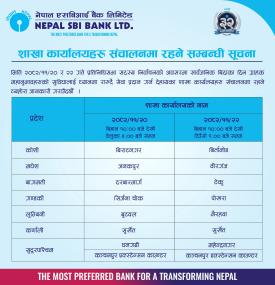 शाखा कार्यालयहरु संचालनमा रहने सम्बन्धी नेपाल एसबीआई बैंककोसूचना