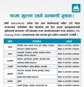 सार्वजनिक विदाको दिन NMB बैंकको शाखा कार्यालय खुल्ला रहने सम्बन्धी सूचना 