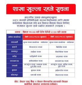 सार्वजनिक बिदाहरूमा मुक्तिनाथ विकास बैंकका शाखाहरू ११ बजेदेखि  २ बजेसम्म खुल्ला रहने जानकारी