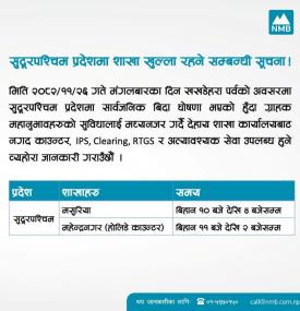 NMB बैंकको शाखा कार्यालय खुल्ला रहने सम्बन्धी सूचना