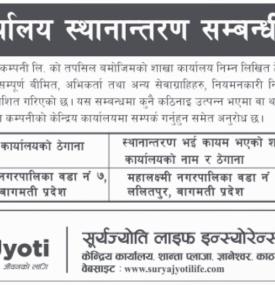 सूर्य ज्योती लाइफको शाखा कार्यलय स्थानान्तरणको सूचना 