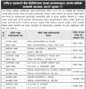 राष्ट्रिय सहकारी बैंकका शाखा कार्यलयहरु गाभिने सम्बन्धी सूचना 