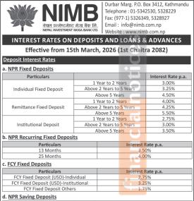 Nepal Investment Mega Bank Ltd. Publishes Updated Deposit and Loan Interest Rates for Chaitra 2082