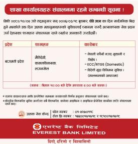 एभरेष्ट बैंकको शाखा कार्यालयहरू खुल्ला रहने सम्बन्धी सूचना