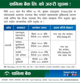 सार्वजनिक बिदाको दिन सानिमा बैंकको शाखा खुल्ला रहने सूचना -