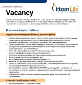 Citizen Life Insurance Announces Vacancy for Actuarial Analyst Positions