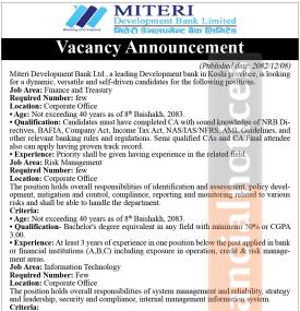 Miteri Development Bank Limited Announces Multiple Job Vacancies Across Departments