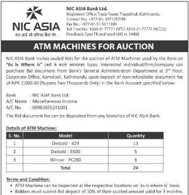 Notice about ATM Machine for Auction of NIC Asia Bank
