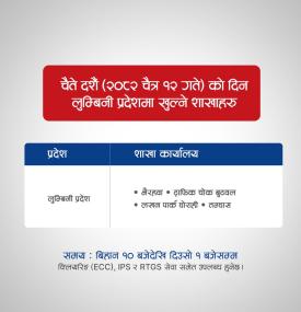 चैते दशैँ (२०८२ चैत्र १२ गते) को दिन लुम्बिनी प्रदेशमा खुल्ने शाखाहरु बारे सूचना