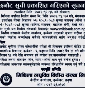 छनौट सूचि प्रकाशन गरिएको सम्बन्धमा मिथिला लधुवित्तको सूचना