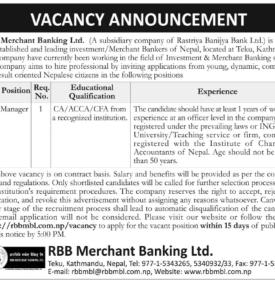 RBB Merchant and Banking Announces Vacancy for Manager Position