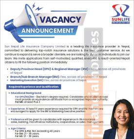 Vacancy Open at Sun Nepal Life Insurance Company Limited Across Nepal