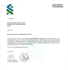 Standard Chartered Bank Nepal Appoints Janak Sharma Poudyal as Independent Director