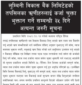 ऋणीहरुलाई कर्जा चुक्ता भुक्तान गर्ने सम्बन्धी ३५ दिने सूचना