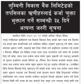 ऋणीहरुलाई कर्जा चुक्ता भुक्तान गर्ने सम्बन्धी ३५ दिने सूचना