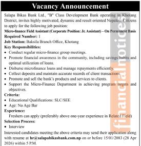Vacancy Open at Salapa Bikas Bank Ltd. for Micro-finance Field Assistant