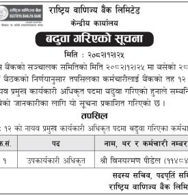 कर्मचारीलाई नायव प्रमुख कार्यकारी अधिकृतमा बढुवा सम्बन्धी सूचना