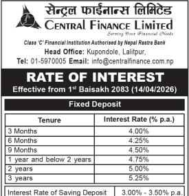 Central Finance Revises Interest Rates Effective Baisakh 1, 2083