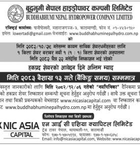 बुद्धभूमि नेपाल हाइड्रोपावरको हकप्रद शेयरमा बैशाख १३ सम्म आवेदन खुला सम्बन्धी सूचना