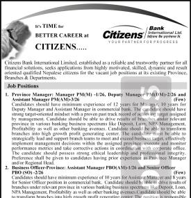 Citizens Bank Opens Multiple Vacancies Across Provinces and Head Office -