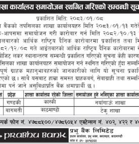प्रभु बैंकको शाखा कार्यालय समायोजन स्थगित गरिएको सम्बन्धी सूचना