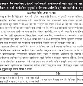 लक्ष्मी सनराइज बैंकको प्रस्तावित भवन निर्माणबारे छलफल: वैशाख १७ गते सार्वजनिक सुनुवाइ हुने सम्बन्धी