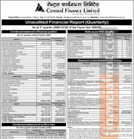 Central Finance Limited Reports Rs. 36.93 million Net Profit in Q3 FY 2082/83 -
