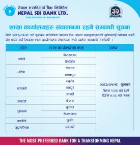 Nepal SBI Bank Announces Branch Offices to Remain Operational -