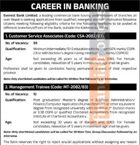 Everest Bank Vacancy Notice 2026 for Customer Service Associate and Management Trainee Positions-