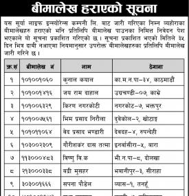 बिमालेखा हराएको सूचना 