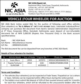 NIC ASIA Bank Announces Auction Sale of Used Four Wheeler Vehicles