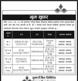 कुमारी बैंकको भुल सुधार सम्बन्धी सूचना -