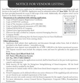 Notice for Vendor Listing