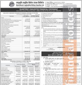 Matribhumi Laghubittahas posted a net profit of Rs 71.23 million and published its Q3