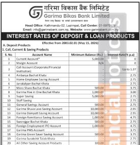 Garima Bikas Bank Unveils New Interest Rates Effective from Jestha 1, 2083