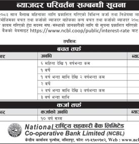 राष्ट्रिय सहकारी बैंकको नयाँ ब्याजदर सम्बन्धी सूचना