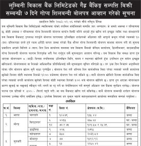 लुम्बिनी विकास बैंकको गैह्र बैंकिङ्ग सम्पत्ति बिक्री प्रक्रिया सम्बन्धी सूचना