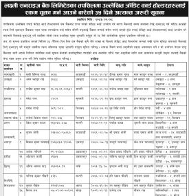 क्रेडिट कार्ड बक्यौता रकम भुक्तानी गर्न लक्ष्मी सनराइज बैंकको सार्वजनिक सूचना