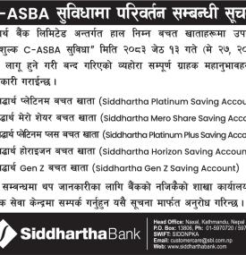  Siddhartha Bank Discontinues Free C-ASBA Facility for Specific Saving Accounts