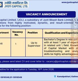 Jyoti Capital Announces Vacancy for IT Unit Supervisor Position