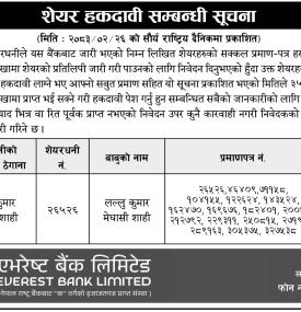 शेयर हकदावी सम्बन्धी सूचना
