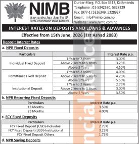 Nepal Investment Mega Bank Revises Deposit and Lending Rates From 1st Ashadh 2083 -