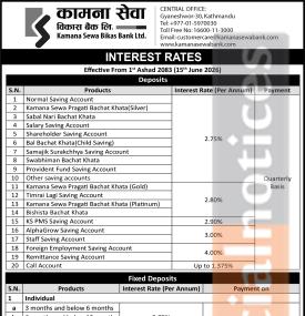 Kamana Sewa Bikas Bank Announces New Interest Rate Schedule for Customers -