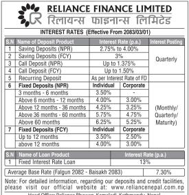 New Interest Rate Notice of Reliance Finance