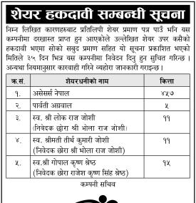 शेयर हकदावी सम्बन्धी सूचना