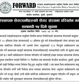 संस्थापक शेयरधनीहरूको शेयर संरचना परिवर्तन गर्ने सम्बन्धी १५ दिने सूचना