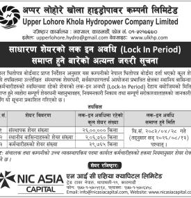 अप्पर लोहोरे खोला हाइड्रोपावरको शेयर लक-इन अवधि समाप्ति सम्बन्धी सूचना