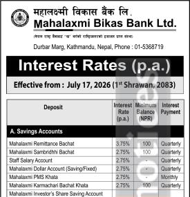 Mahalaxmi Bikas Bank Revises Savings Deposit Interest Rates From Shrawan 1, 2083