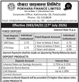 Notice About  Interest Rate of Pokhara Finance